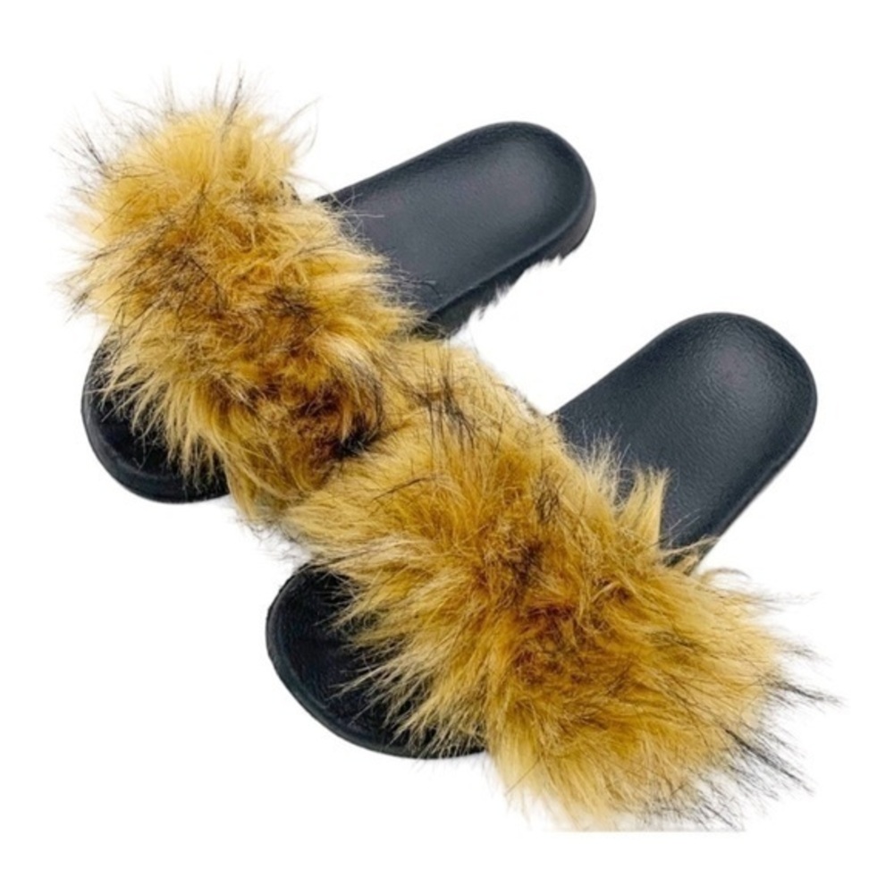 BROWN Fluffy Faux Fur Slides